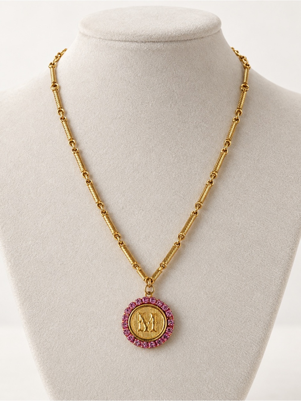 Anthropologie Gold Tone Pink Rhinestone Initial “M” Pendant Necklace
